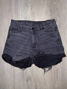 American Eagle High Rise Mom Shorts Size 4 Black Distressed Denim Asymmetrical